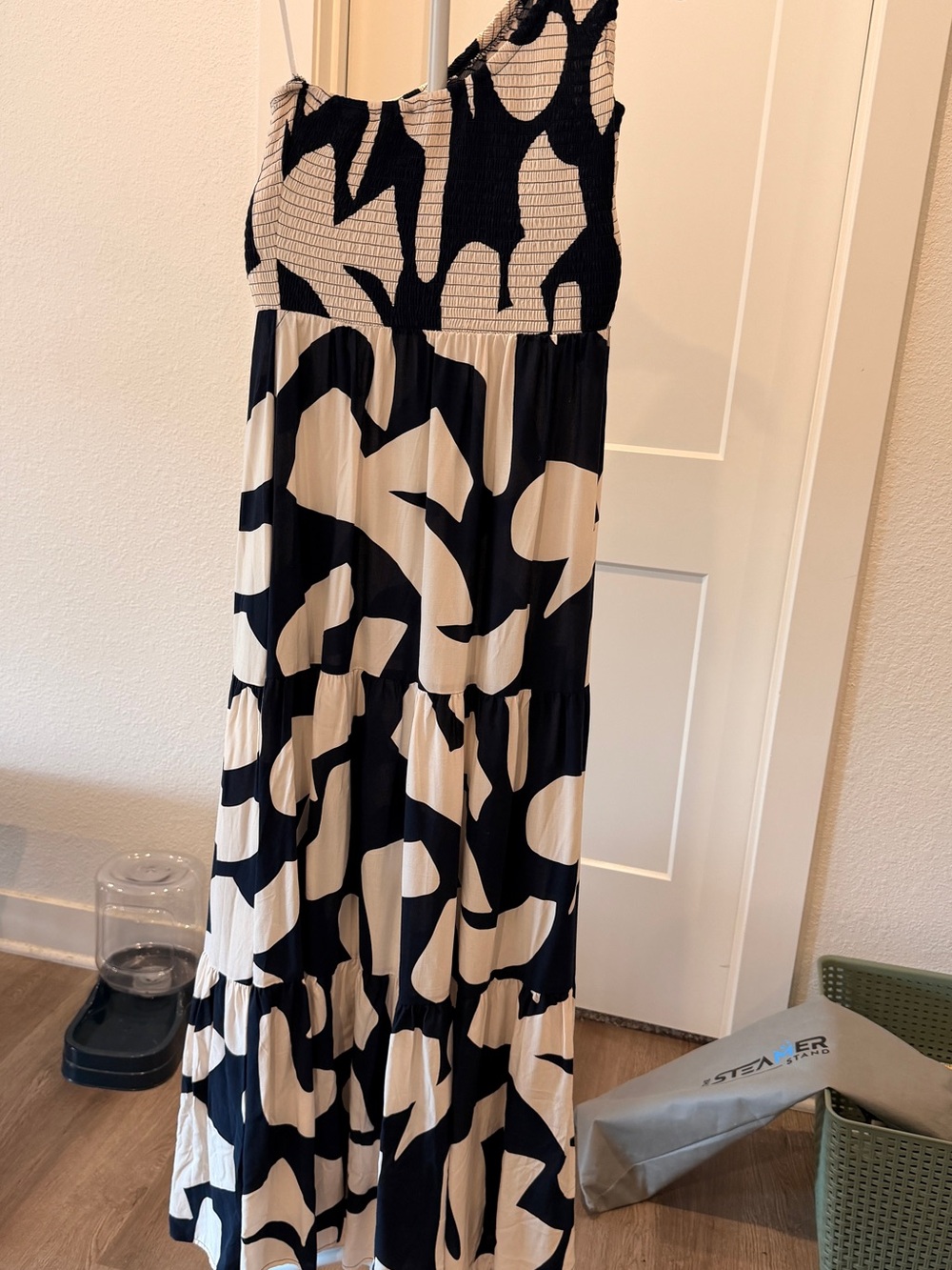 One-Shoulder Navy and White Maxi Dress - Sleek Tiered Design